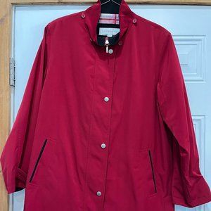 Liz Claiborne Trench Rain Coat- Red- Sz Lg- Detachable Hood & Inner Cell Pocket